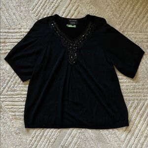 St. John Black Beaded V-Neck Short Sleeve Top